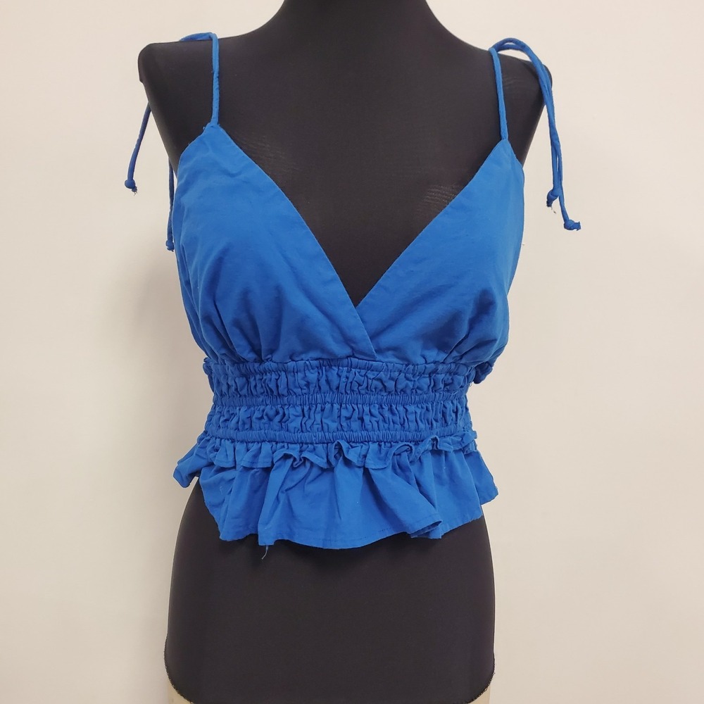 Sim & Sam Womens Milkmaid Coquette Babydoll Top Size M Blue‎ Smocked Y2K Preppy
